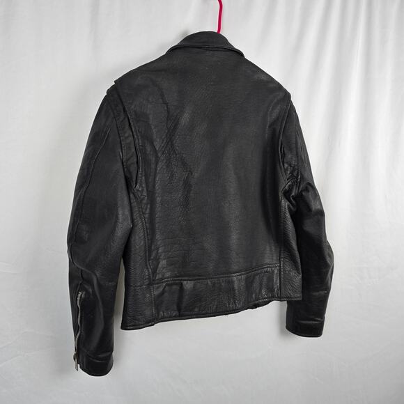 Prime Parts Leather Belted Motorcycle Jacket Men's 42 Black Biker Bomber USA VTG - Picture 8 of 16